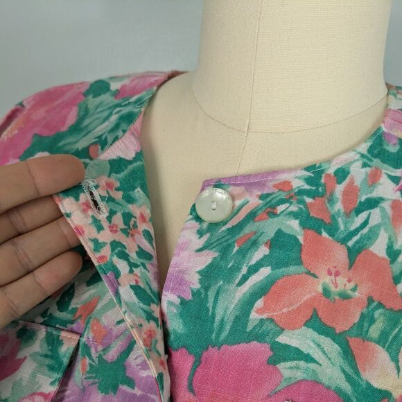 Vintage Midi Dress Fit Flare Floral 80s 90s Housewife Retro Pink Green Button 10 - Picture 5 of 16